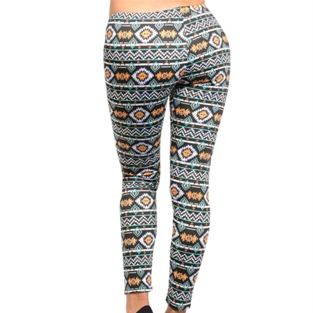 Aztec Black Mint Orange Pattern print Leggings - Picture 4 of 7